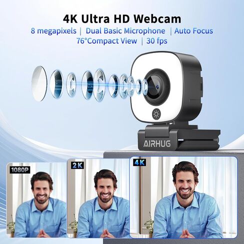AIRHUG 4K Webcam, Webcam with Microphone, Adjustable Light Computer Camera with Privacy Cover, USB Plug and Play for Laptop Video Calling in Kuwait
