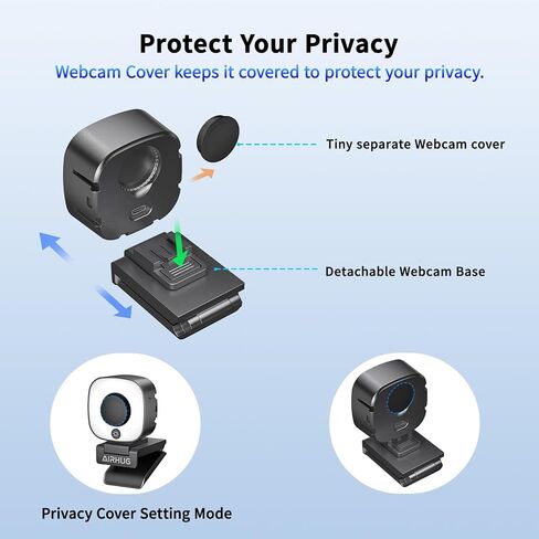 AIRHUG 4K Webcam, Webcam with Microphone, Adjustable Light Computer Camera with Privacy Cover, USB Plug and Play for Laptop Video Calling in Kuwait