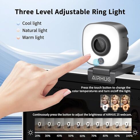 AIRHUG 4K Webcam, Webcam with Microphone, Adjustable Light Computer Camera with Privacy Cover, USB Plug and Play for Laptop Video Calling in Kuwait