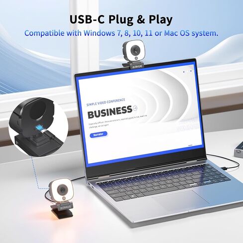 AIRHUG 4K Webcam, Webcam with Microphone, Adjustable Light Computer Camera with Privacy Cover, USB Plug and Play for Laptop Video Calling in Kuwait
