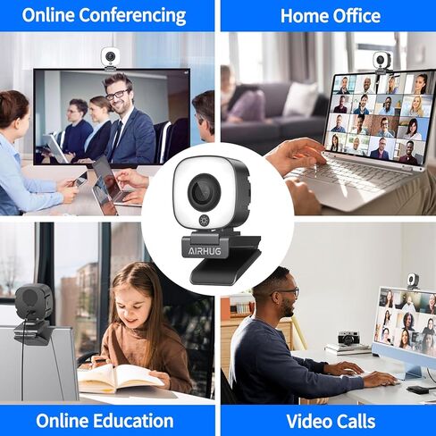 AIRHUG 4K Webcam, Webcam with Microphone, Adjustable Light Computer Camera with Privacy Cover, USB Plug and Play for Laptop Video Calling in Kuwait