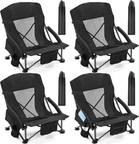 4 Pcs Low Beach Chairs for Adults with Cup Holder Magazine Bag, Carry Bag Folding Portable Camping Chairs with Mesh Back Low Seat for Traveling Outdoor Sand Lawn Picnic, Support 300lbs in Saudi Arabia