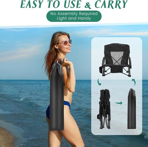 4 Pcs Low Beach Chairs for Adults with Cup Holder Magazine Bag, Carry Bag Folding Portable Camping Chairs with Mesh Back Low Seat for Traveling Outdoor Sand Lawn Picnic, Support 300lbs in Saudi Arabia