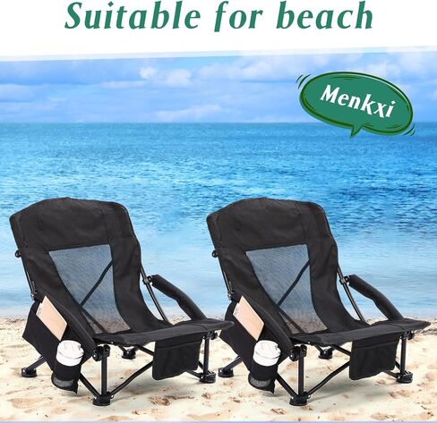 4 Pcs Low Beach Chairs for Adults with Cup Holder Magazine Bag, Carry Bag Folding Portable Camping Chairs with Mesh Back Low Seat for Traveling Outdoor Sand Lawn Picnic, Support 300lbs in Saudi Arabia