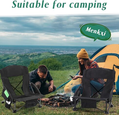 4 Pcs Low Beach Chairs for Adults with Cup Holder Magazine Bag, Carry Bag Folding Portable Camping Chairs with Mesh Back Low Seat for Traveling Outdoor Sand Lawn Picnic, Support 300lbs in Saudi Arabia