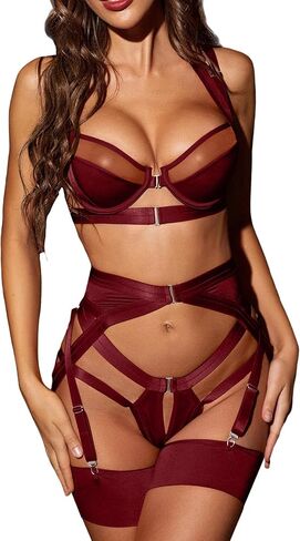 OYOANGLE Women's Lingerie Set with Garter Belts Ring Linked Sheer Mesh Babydoll Bra and Panty Set in Saudi Arabia