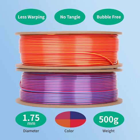 Dual Color 3D Printer Filament Bundle, PLA 1.75mm Silk Shiny 3D Printing Filament Multicolor,Dimensional Accuracy +/-0.03mm Fit Most FDM Printer 250gX2 Spools Filament for 3D Printer. in Kuwait