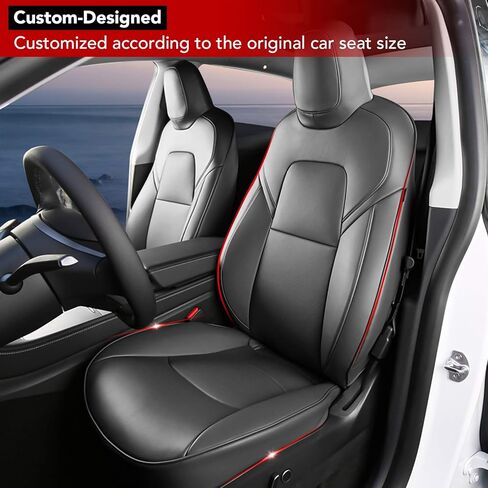 BASENOR 2024 ترقية Tesla Model Y غطاء مقعد السيارة من الجلد الأسود 5 مقاعد وسادة حامي مخصص مناسب لطراز Tesla Y 2020 2021 2022 2023 2024 أسود in Kuwait