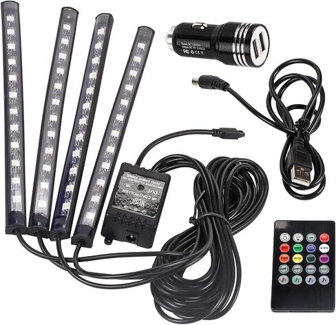 أضواء شريط LED للسيارة، 4 قطع 48 LED موسيقى متعددة الألوان ضوء داخلي للسيارة USB 5 فولت مجموعة إضاءة السيارة مع تحكم لاسلكي ووظيفة الصوت النشطة لتزيين إضاءة جو السيارة in Saudi Arabia