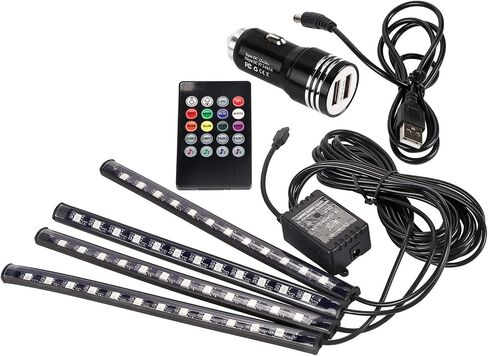 أضواء شريط LED للسيارة، 4 قطع 48 LED موسيقى متعددة الألوان ضوء داخلي للسيارة USB 5 فولت مجموعة إضاءة السيارة مع تحكم لاسلكي ووظيفة الصوت النشطة لتزيين إضاءة جو السيارة in Saudi Arabia