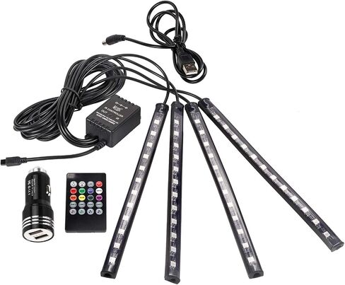 أضواء شريط LED للسيارة، 4 قطع 48 LED موسيقى متعددة الألوان ضوء داخلي للسيارة USB 5 فولت مجموعة إضاءة السيارة مع تحكم لاسلكي ووظيفة الصوت النشطة لتزيين إضاءة جو السيارة in Saudi Arabia