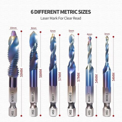 12PCS Titanium Drill and Tap Combination Bits Set, 1/4" Hex Shank 3-in-1 Blue Coated Spiral Screw Tapping Multi-Function Bit for Drilling, Tapping and Countersinking (Metric&SAE) in Saudi Arabia