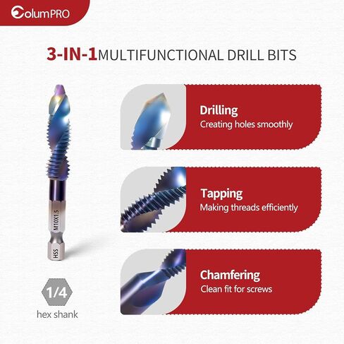 12PCS Titanium Drill and Tap Combination Bits Set, 1/4" Hex Shank 3-in-1 Blue Coated Spiral Screw Tapping Multi-Function Bit for Drilling, Tapping and Countersinking (Metric&SAE) in Saudi Arabia
