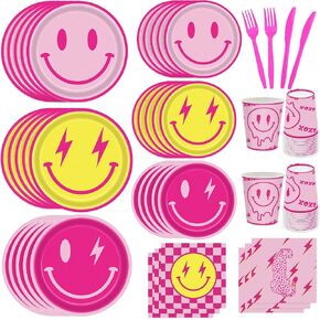 180PCS Preppy Smiley Party Supplies for Girls Kids Birthday Baby Shower Party Decorations Pink Smile Face Durony Themed Disposable Tableware Set Plates Napkin Cups Set for 30 Guests