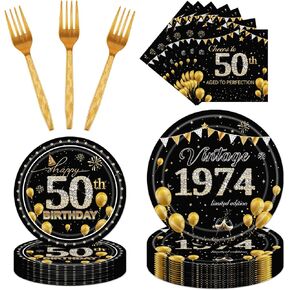 50th Party Tableware Set - 96PCS Black Gold 1974 50th Birthday Decorations Supplies Cheers to 50 Years Paper Plate Napkin Fork Supplies Vintage 50th Birthday Party Decor Supplies Men Women