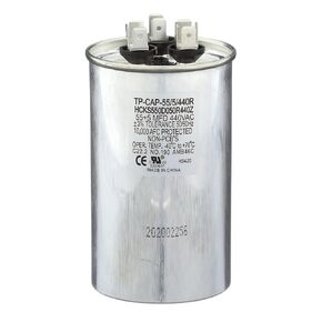 TRADEPRO (TP-CAP-55/5/440R) 55+5 MFD (Microfarads) 440 Volt Round Dual Run Capacitor | 60,000 Hour Operating Life, Aluminum Composition, -40°F to 158°F (-40°C to 70°C) Temperature Range