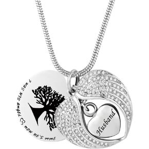 Tree of Life Urn Necklace -Angel Wing Diamond Cremation Jewelry Keepsake Memorial Pendant