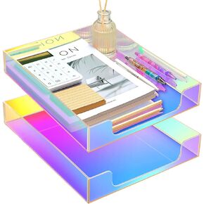 2 Pcs Iridescent Acrylic Letter Tray with Non Slip Rubber Iridescent Letter Organizer Storage Stackable Mail Tray Acrylic Paper Organizer Memo Pad Holder Dispenser for Desk Office Home File