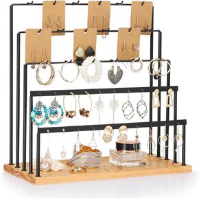 Earring Display Organizer, Jewelry Holder, 5-Tier Metal Frame Jewelry Display Stands Earring Holders for Selling, Long Necklace, Bracelet, Rings and Watch Jewelry Organizer (Natural wood)