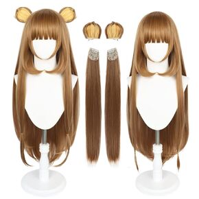Anogol Hair Cap+Long Brown Straight Wig With 2 Ears for Women Girls with Bangs Long Cosplay Wig for Halloween Party Synthetic Hair Wig Costume for Anime Cosplay