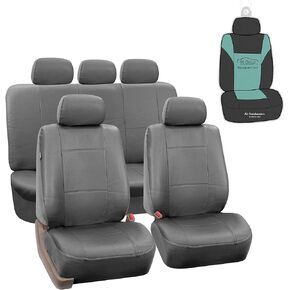 FH Group Car Seat Covers Premium PU Leather Full Set Gray Black Combo Small Car Seat Cover Design, Airbag Compatible Split Bench Tan Interior Accessories Universal Fit Car Truck SUV Car Accessories
