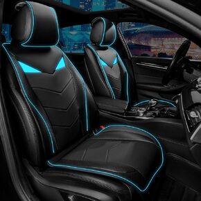 CAR PASS Leather Two Front Seat Covers with Led Light,Sound-Activated Music Sync Little Monster Eye Cute Lighting Front Seat Cover Only Universal Fit for Sedans SUVs Vans Cars (Black and Mint Blue)