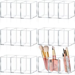 Seajan 6 Pack 3 Compartments Acrylic Pen Organizer Clear Makeup Brush Holder Desktop Pencil Organizer Pencil Cup Stationery Office Organizer Accessory for Office Makeup Desk
