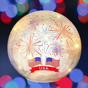 5.75 x 5.75 x 5.63'' Independence Day American Flag Balls Crackle Glass Night Light Illuminated Sphere Glowing Orb Decorative Battery Operated Lamp Festive Home Accent Decorations