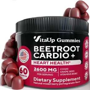 Beet Root Gummies - Cardio Beet Gummies 2600mg - Vegan Beets Gummies with Beet Root, Grape Seed Extract, Coq10, Vitamin C & B12 - Beet Chews for Normal Blood Pressure & Heart Health – 60 Count