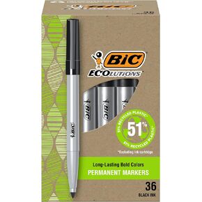 BIC Ecolutions Fine Permanent Markers, Fine Bullet Tip, 36-Count Pack Black Marker Set Made from 51% Recycled Plastic Excluding Ink Cartridge