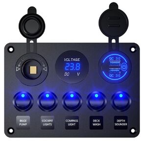 Upgrade 5 Gang Multi-Function Marine Boat Rocker Dual QC3.0 USB Charger Ports + Digital Volmeter +12V Outlet Pre-Wired Waterproof Switch Panel with Circuit Breakers for RV Car Boat Truck (Blue)