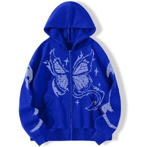 Y2k Vintage Zip Up Hoodie for Women Oversized Butterfly Graphic Long Sleeve Hooded Aesthetic Sweatshirt Jacket