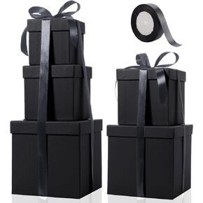 Cholemy 5 Pcs Christmas Gift Box with Lid and Ribbon Mixed Size Square Nesting Boxes Gift Present Box Gift Wrap Boxes Decorative Boxes for Christmas, Birthday, Weddings, Anniversary Party(Black)