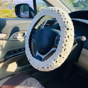 Handmade Crochet Steering Wheel Cover White Simple Seat Belt Cover, Car Interior Accessories Decorations. (Steering Wheel Cover + 2 Seat Belt Cover)