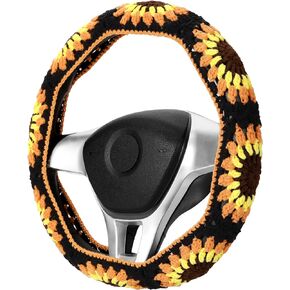 Crochet Steering Wheel Cover Set,Cute Car Steering Wheel Cover Boho 14-15in,Handmade Sunflower Granny Square Pattern Gift for Women, Accessories for Vehicles (A Wheel Cover)