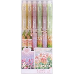 6 Pcs Erasable Gel Pens Retractable Pens Cute Tulip Flower Pens 0.5mm Fine Point Black Ink Writing Pen Office School Pens Women Girls Pens (Black Ink-Tulip)