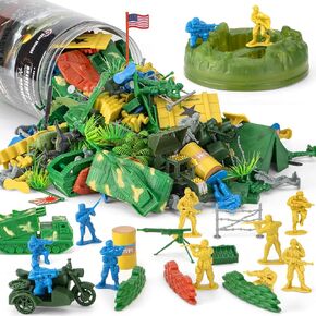 100 Pcs Army Men Toys for Boys with Map in Bucket World War II WW2 Green Gray Plastic Army Men Military Guy Toy Soldier Action Figures Battlefield Playset and Accessories
