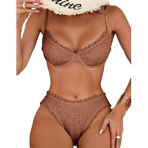Women's Smocked Frill Bathing Suit Spaghetti Strap Underwire Summer Swimsuit Bikini Set