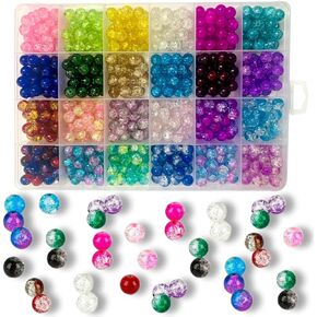 600pcs Crackle Glass Beads Set (8mm), 24-Grid Multicoloured Round Handcrafted Crack Lampwork Beads Assortment for DIY Bracelet Necklace Findings Beading Project Jewelry Making