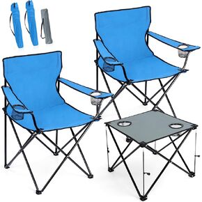 Camping Chairs with Table Set of 3 Black Folding Lawn Chairs Portable Grey Camp Table