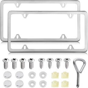 RED WOLF Stainless Steel License Plate Frame Holder 4 Holes Mirror Polish Silver Tag Cover Kit w/Chrome Screws Caps Nylon Insert Nut, Heavy Duty Rustproof Metal Front Rear Fit Car Truck Van SUV, 2PCS