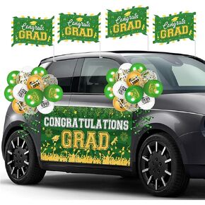 2024 Graduation Party Decorations Green Gold Graduation Parade Car Decorations Kit Includes Congratulations Grad Car Banner 4pcs Graduation Car Flag and 24pcs Green Gold Balloons for Graduation Party