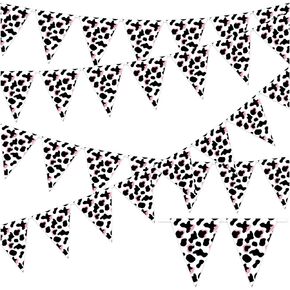 52.5 Ft Cow Print Pennant Banner, Reusable Farm Theme Party Decor, Black and White, 25 Pennants, 7.9 x 11.8 Inch Triangular Flags
