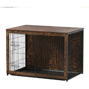 Wooden Dog Crate Furniture with Cushion, Dog Crate End Table with Tray, Double Doors Dog Crate(XL:43.1" L *28.6" W*30.3" H, Rustic Style)