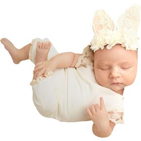 Baby Girl 4PCS Photography Props (Romper+Pillow+Hat+Shoes) Newborn Girl Lace Photo Shoot Outfits Infant Posing Props (white)