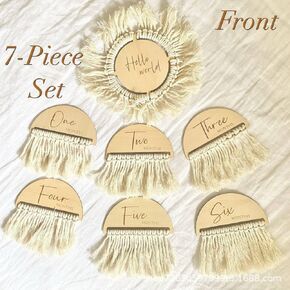 بطاقة شهرية لصورة الطفل على شكل شرابة منقوشة على الوجهين على طراز بوهو، قرص خشبي مزدوج الجوانب مكون من 7 قطع، مجموعة هدايا الطفل لبطاقة صور مايلستون للسنة الأولى للطفل، بقطر 3.9 بوصة in Kuwait