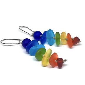 Chakra Sea Glass Pebble Earrings in the Rainbow Colors, Celebrate PRIDE, Boho Beach Jewelry Handmade in the Caribbean