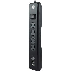 GE 4-Outlet Surge Protector, 2 USB Ports, 6 Ft Power Cord, 450 Joules, Flat Plug, Twist to Lock Safety Covers, Automatic Shutdown Technology, Circuit Breaker, Warranty, UL Listed, Black, 37465