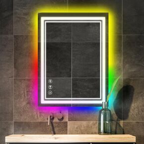 RGB LED Bathroom Mirror, 32x24 Inch Front and Backlit Lighted Vanity Mirror, Wall Mounted LED Mirror for Bathroom, Anti-Fog Dimmable 3 Colors CRI>90