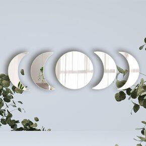 Acrylic Mirror Wall Stickers Natural Wall Decor Self Adhesive 5 Pieces Mirrors Stickers Moon Phase Mirror Bohemian Wall Decoration for Home Living Room Bathroom Bedroom Decor (15cm)